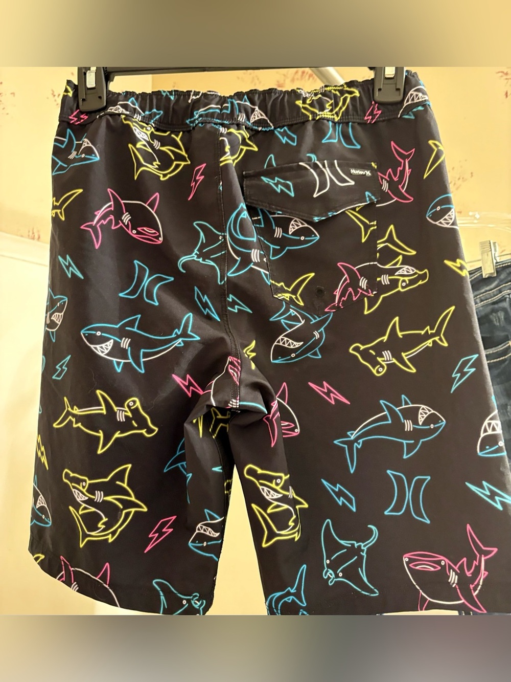 Hurley Black Swim Shorts with Neon Shark Pattern